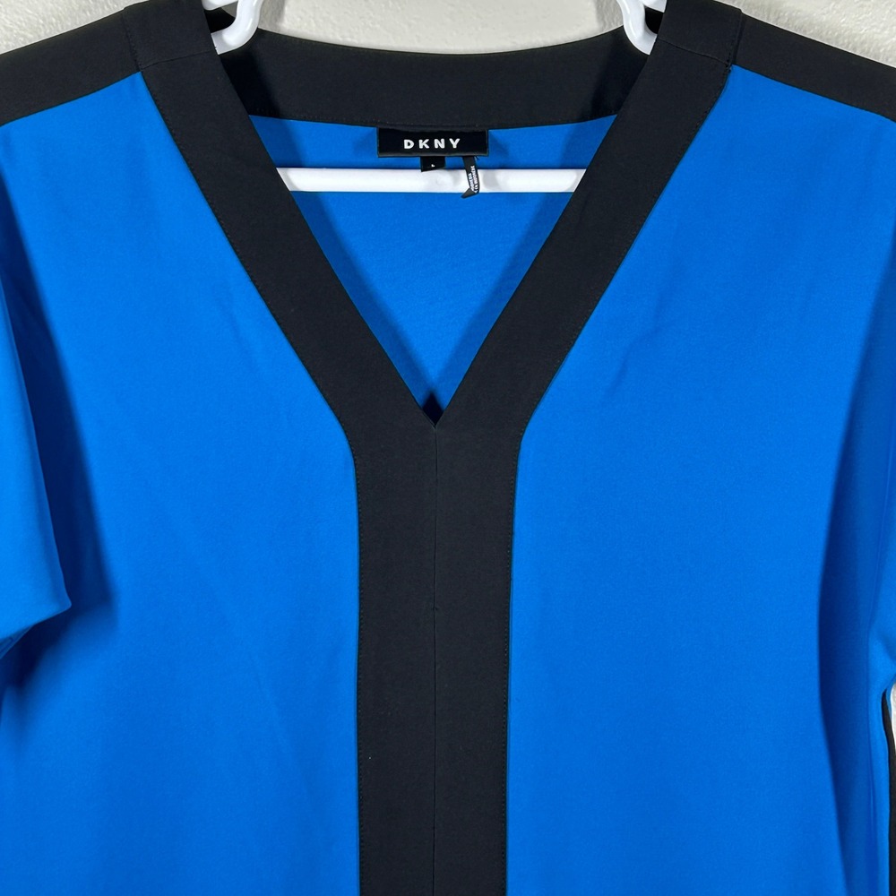 DKNY Womens Royal Blue Black Colorblock V-Neck Short Sleeve Blouse Large